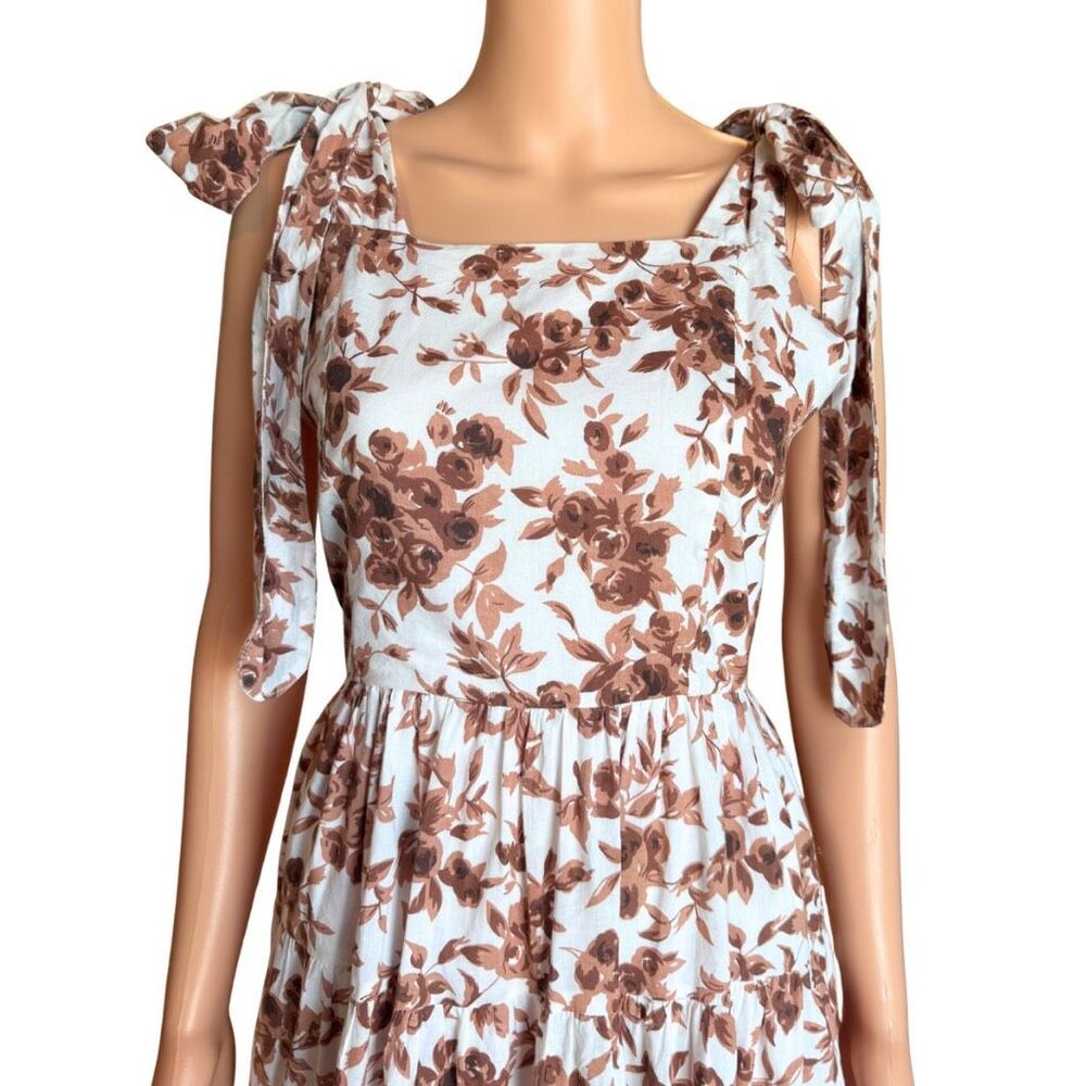 Mille Kiara Dress Small Brown Floral Tie Shoulder Tiered Ruffle Square Neck Boho - Picture 5 of 9
